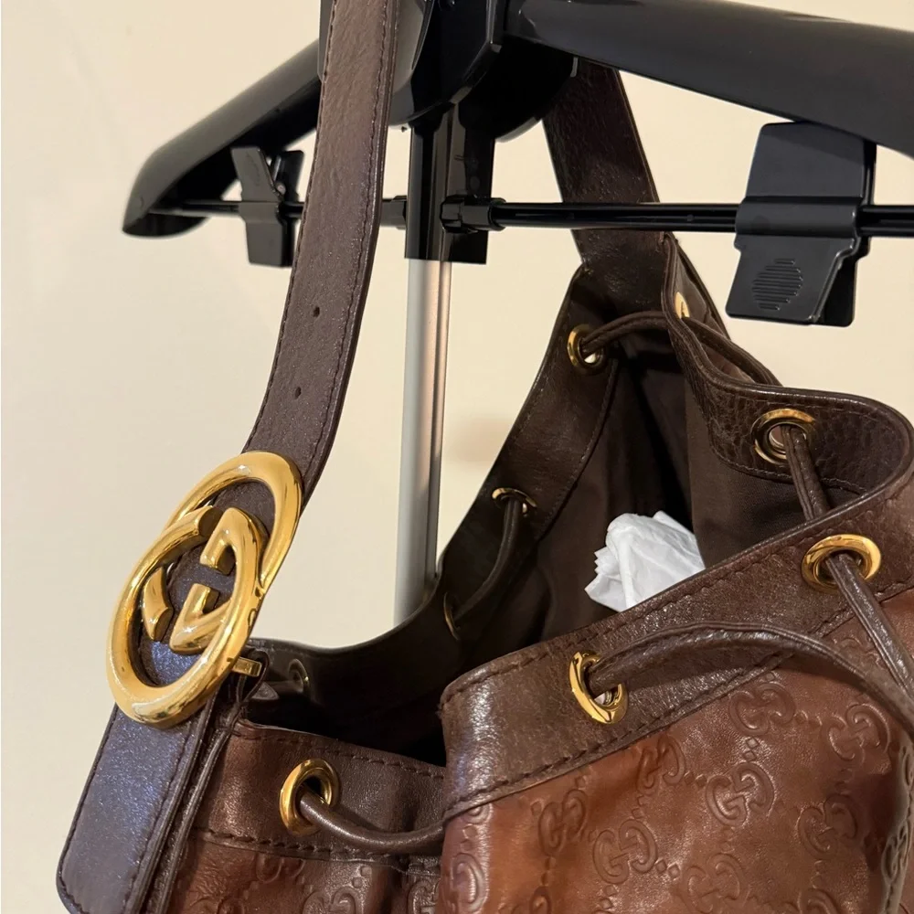 Gucci Dark Brown Leather Hobo Bag with Gold Accents
